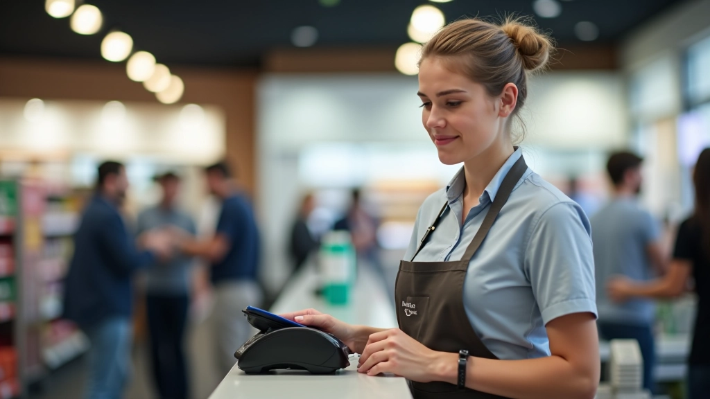 Moderní prodejní pult s kasírkou a zákazníkem, placení kartou, čisté prostředí