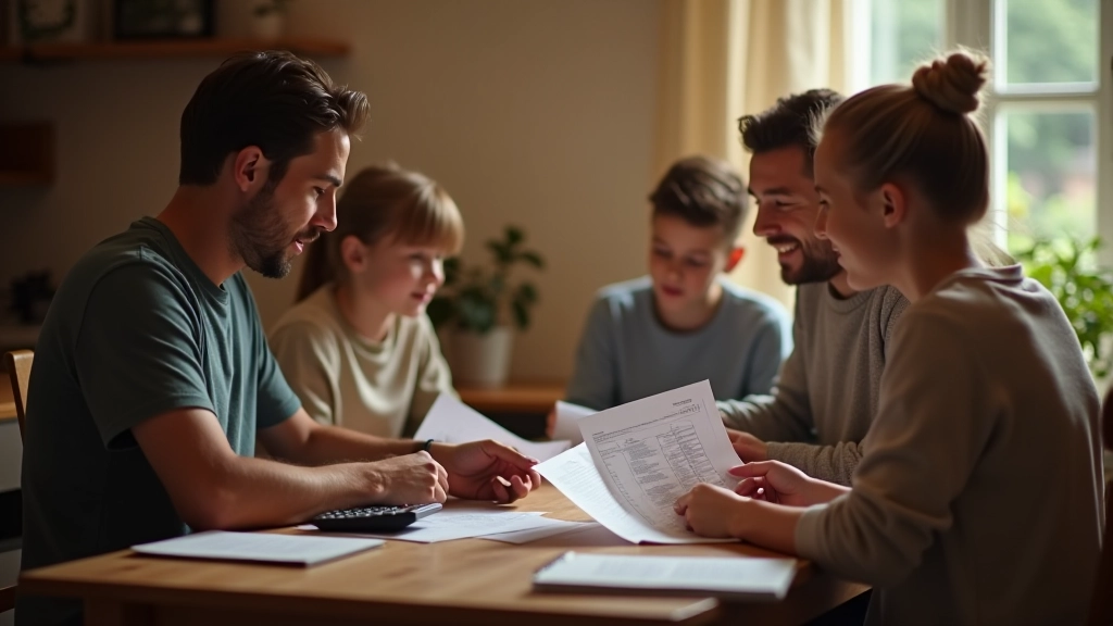 Domácnost s rodinou sedící u stolu s účty a kalkulačkou, rozpočetování