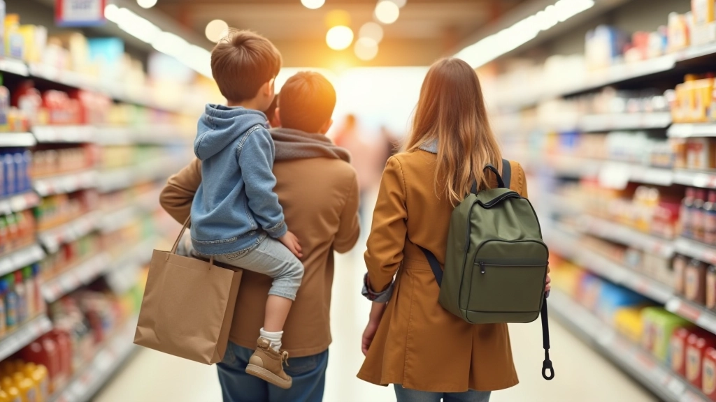 Rodina nakupující v obchodě s košíky, interakce mezi členy rodiny a nákupní chování