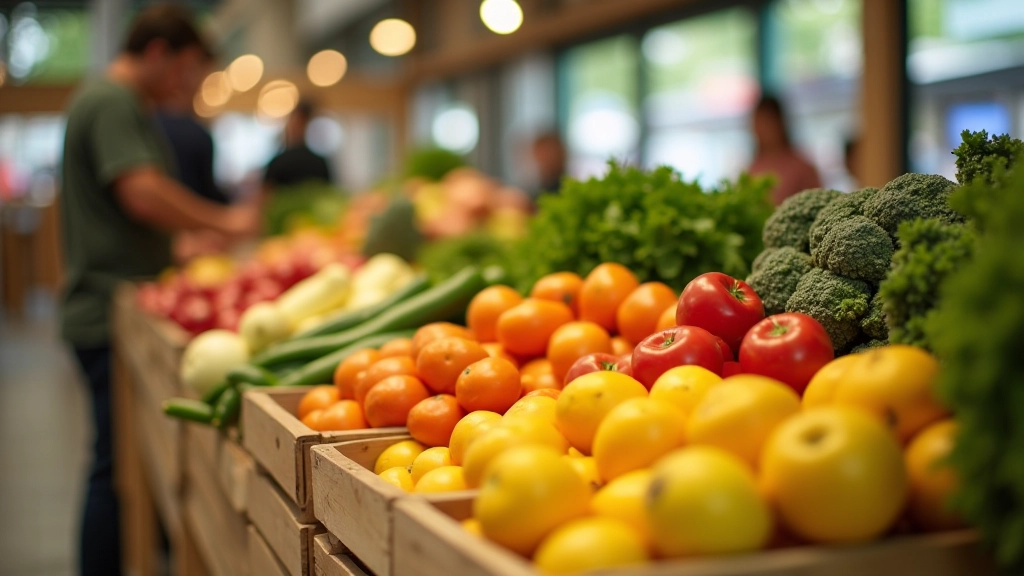 Trh s bio produkty, čerstvé ovoce a zelenina v přepravkách, přírodní osvětlení