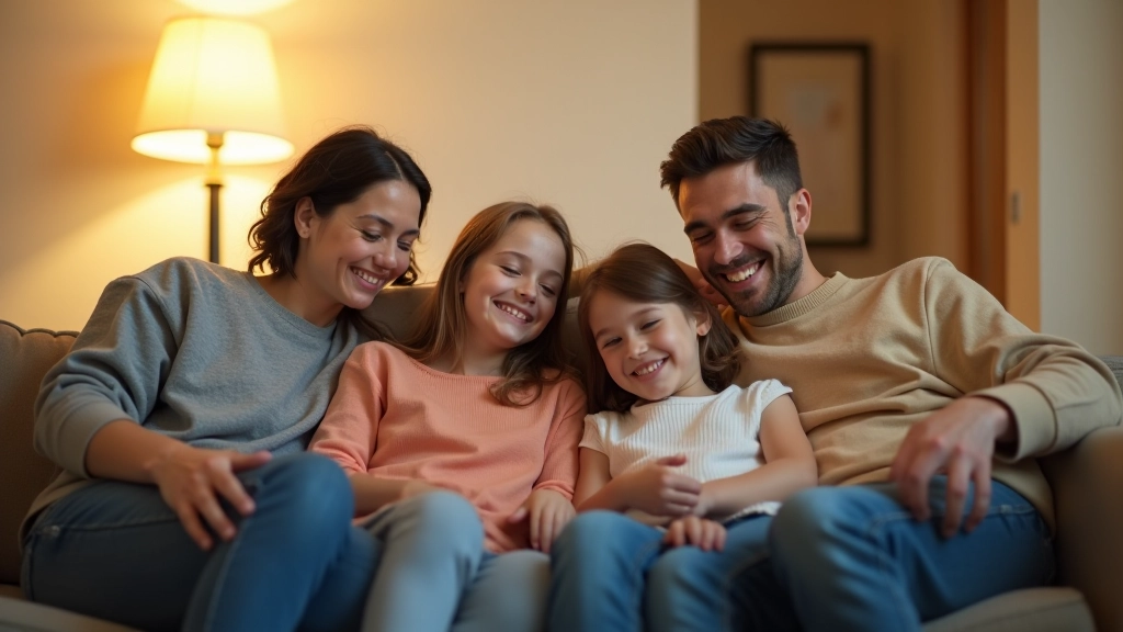 Spokojená rodina sedící na gauči, domácí prostředí, pocit bezpečnosti a stability