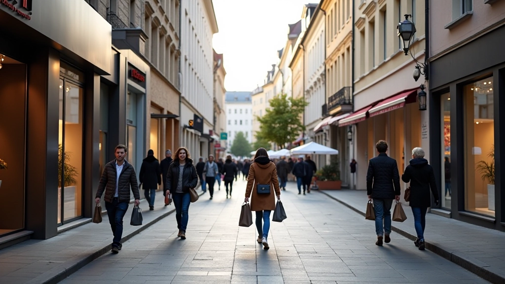 Obchodní ulice s obchody a nákupčími, moderní městská infrastruktura