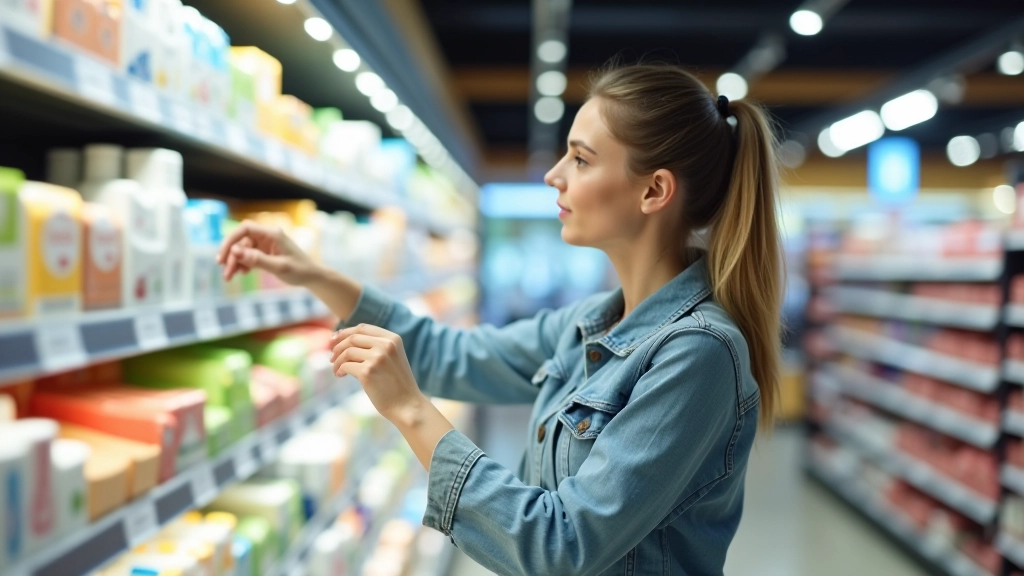Zákazník vybírá produkty v moderním supermarketu se zeleným osvětlením a čistým designem